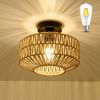 Mini Rattan Flush Mount Light with Dimmable LED Bulb