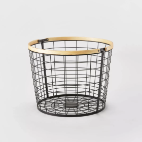 Round Black Wire with Natural Wood Handles Floor Basket