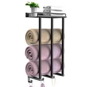 Towel Racks for Bathroom Wall Mounted, 3 Bars Metal Towel Holder with Top Shelf and 3 Hooks, Black Bath Towel Storage for Small Bathroom Organizer Dec