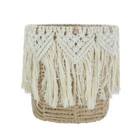 Round Open Weave Tassel with Rolled Paper Storage Basket, 9.45" x 8.66" x 9.45"