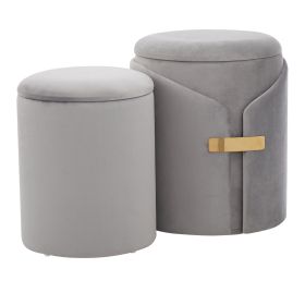 Dahlia Contemporary/Glam Nesting Ottoman Set in Silver Velvet with Gold Metal Accent Pieces by LumiSource