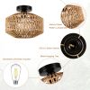 Mini Rattan Flush Mount Light with Dimmable LED Bulb