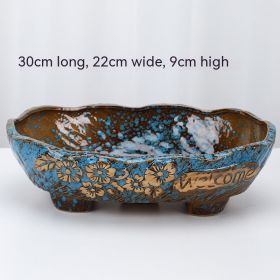 Succulent Flower Pot Shallow Mouth Oval Rectangular Large Diameter Platter Porcelain Simple Retro Stoneware (Option: Xiangmud Blue-As Shown In The Figure)