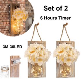 2 Pack Lighted Mason Jar Wall Sconce Fairy Lights Timer LED Country Decor (Option: LED)