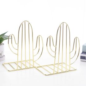 Geometric Metal Iron Cactus Bookends - Heavy Duty Nonskid Book Stand Organizer for Shelves & Binders (Color: Golden)