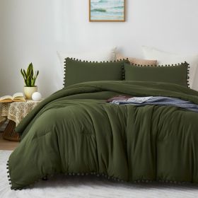 Boho Comforter Set, Boho Bedding set with Pom Poms Fringe Design, 1 Aesthetic Comforter and 2 Pillowshams (Color: Olive Green, size: King)