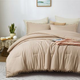 Boho Comforter Set, Boho Bedding set with Pom Poms Fringe Design, 1 Aesthetic Comforter and 2 Pillowshams (Color: beige, size: Full)