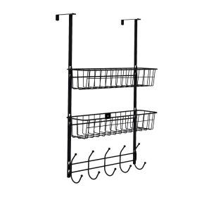 Over The Door Hooks Organizer Door Towel Rack Hanger 5 Hooks with 2 Metal Baskets for Bathroom Bedroom Kitchen Storage Shelf (Color: Black)